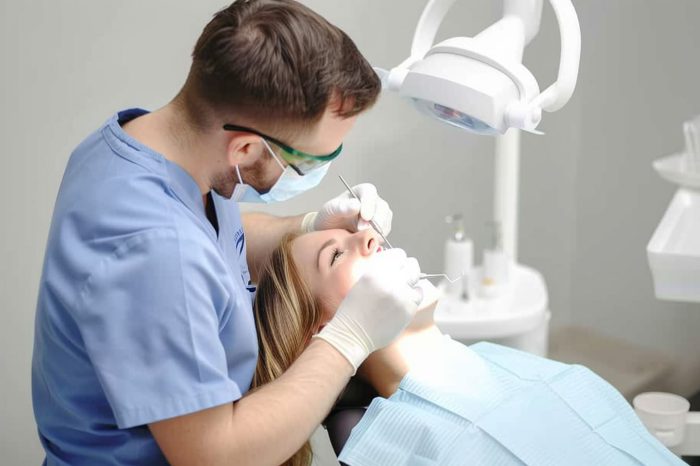 emergency dentist roanoke - dentist performing dental treatment on a woman lying on a dental chair